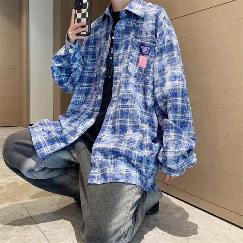 格子衬衫外套男春秋季设计感ins潮长袖衬衣港风日系高级感痞帅气,男装衬衫,星座601-2