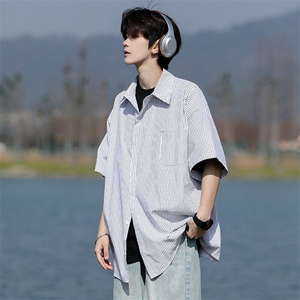 8XL-M 条纹短袖衬衫男夏季宽松慵懒风痞帅大码衬衣外套DC28001P40图片