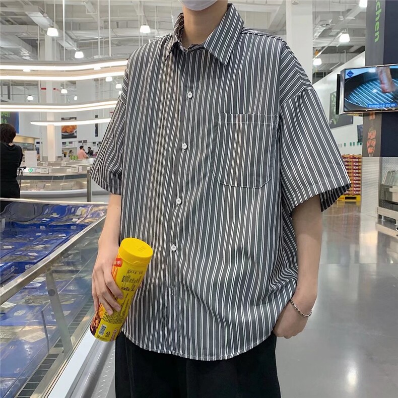 夏季短袖衬衫潮流帅气休闲条纹衬衫C53P30图片