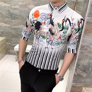 19新款英伦风男高端个性定位印花衬衫潮修身中袖夜店衬衣D467图片