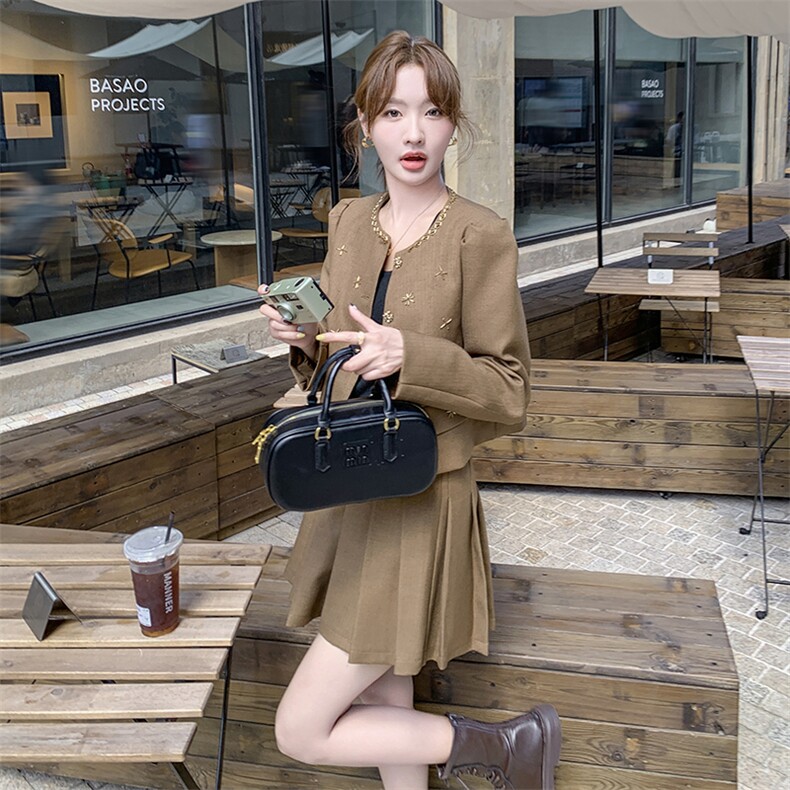 法式小香风套装裙女2025春季新款超好看减龄气质显瘦百褶裙两件套,女装套装/套裙,1D102-1