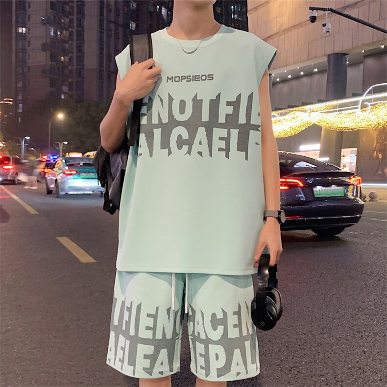2024夏季新款港风外景大码菠萝格无袖背心套装M-5XHQ24470-P60,男装休闲套装,电商A022