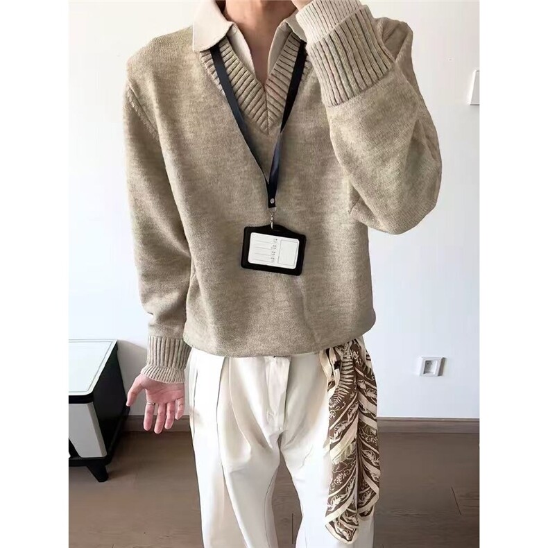 5012-P72美式复古假两件v领毛衣男款冬季翻领老钱风针织衫上衣，男装针织衫/毛衣，电商B323A