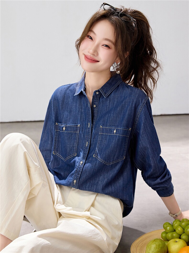 2026早春新款复古蓝牛仔衬衫女宽松显瘦双口袋衬衣百搭叠穿韩系,女装衬衫,艾米
