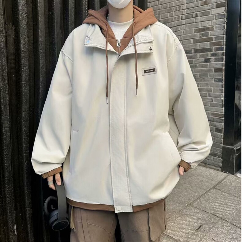 潮流假两件夹克男春秋季宽松情侣外套休闲痞帅连帽冲锋衣 JX139图片