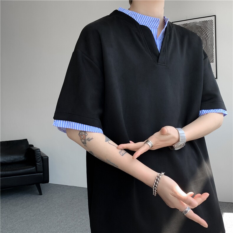 2025夏季新款美式假两件麂皮绒宽松T恤短袖B315-ST003-特p25控48,男装T恤,电商B315