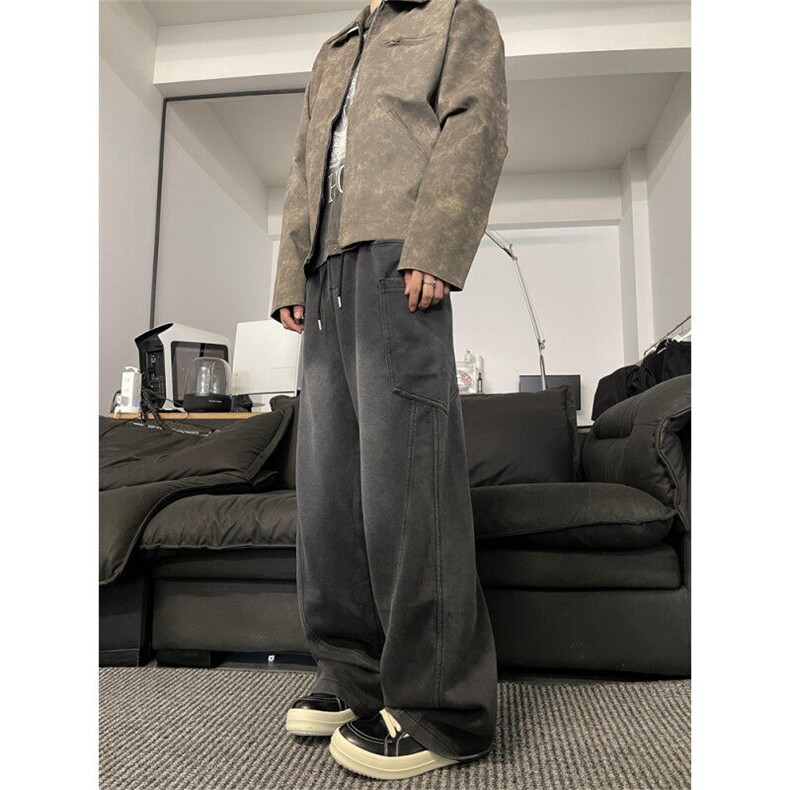 K844-特P55 复古水洗复合宽松直筒拖地裤男女休闲垂感阔腿裤图片
