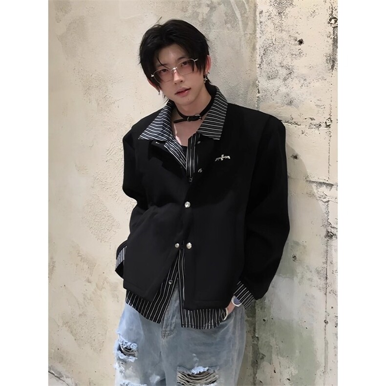 cleanfit假两件条纹拼接衬衫卫衣男款翻领高级Y731-P55,男装衬衫,星座1109-4