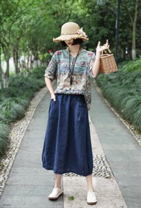 【现货】夏季新款 纯苎花上衣+纯亚半裙图片