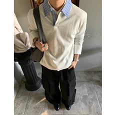 现货蓝色格子拼接翻领T恤长袖上衣情侣款男女CX02-TP35，男装T恤，星座910A
