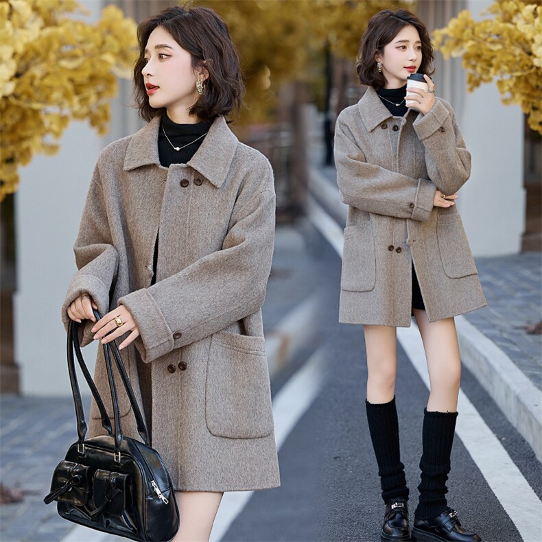 2024冬季时尚简约通勤羊毛外套显高显瘦韩版双面羊毛呢纯色大衣，女装双面呢大衣，琦鑫阁（原依鑫阁）