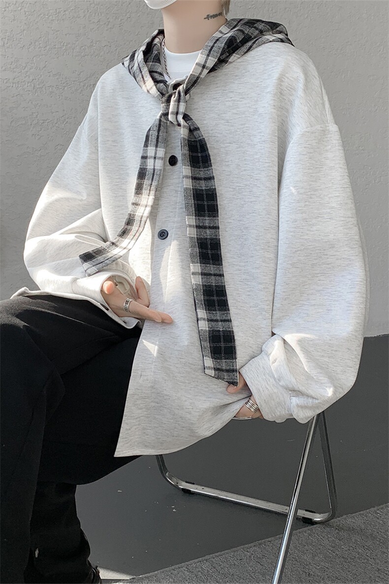 WY10143-特p49控88设计感高质感大帽子连帽格子撞色大码卫衣男,男装卫衣,电商A059