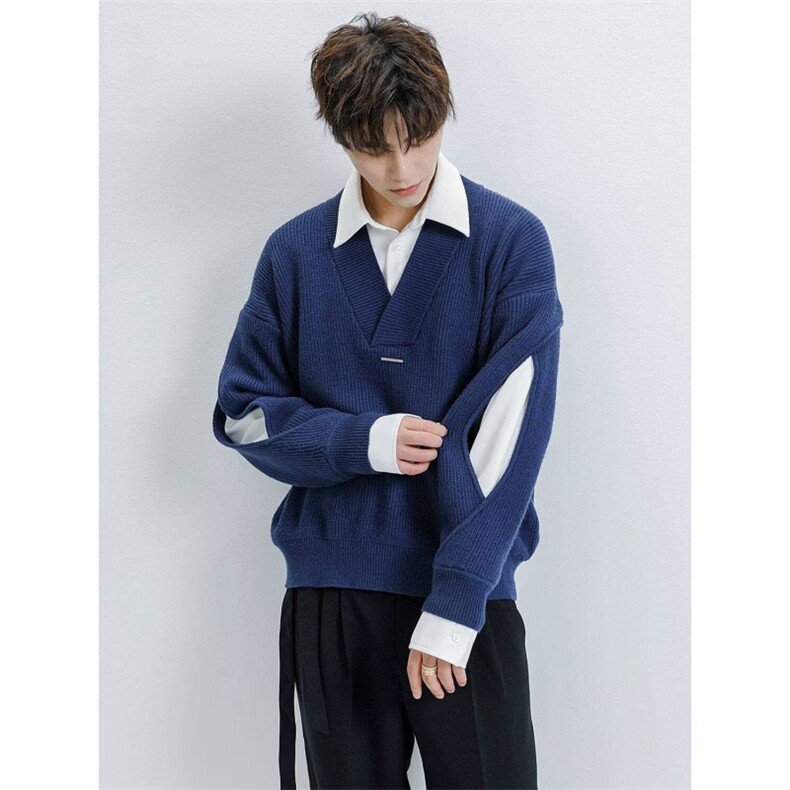 AA2151P70假两件翻领毛衣男秋冬季2026新款潮牌拼接针织衫,男装针织衫/毛衣,电商B323A