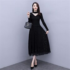 2022秋季新款针织线衣配蕾丝长款打底连衣裙，女装连衣裙，安之芮娜