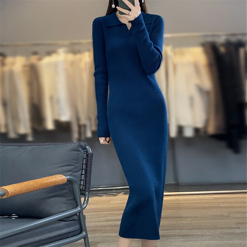 衬衫领抽条连衣裙2024年秋季简约修身针织裙,女装连衣裙,羊秋羊绒