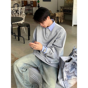 抖音得物高品质26春装美式高街假两件衬衫领长袖卫衣POLO领打底衫