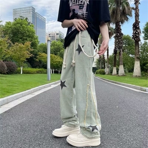 美式潮刺绣牛仔裤男复古宽松阔腿直筒拖地潮牌裤子6092-2/P50图片