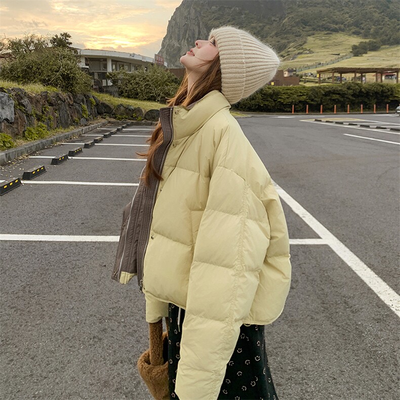 黄色撞色短款羽绒服女2025冬季新款奶呼呼学院风加厚白鸭绒外套潮,女装羽绒服,2C198