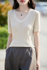 针织短袖t恤女2025夏新款U型领宽松休闲，女装针织衫/毛衣，暖烁羊绒