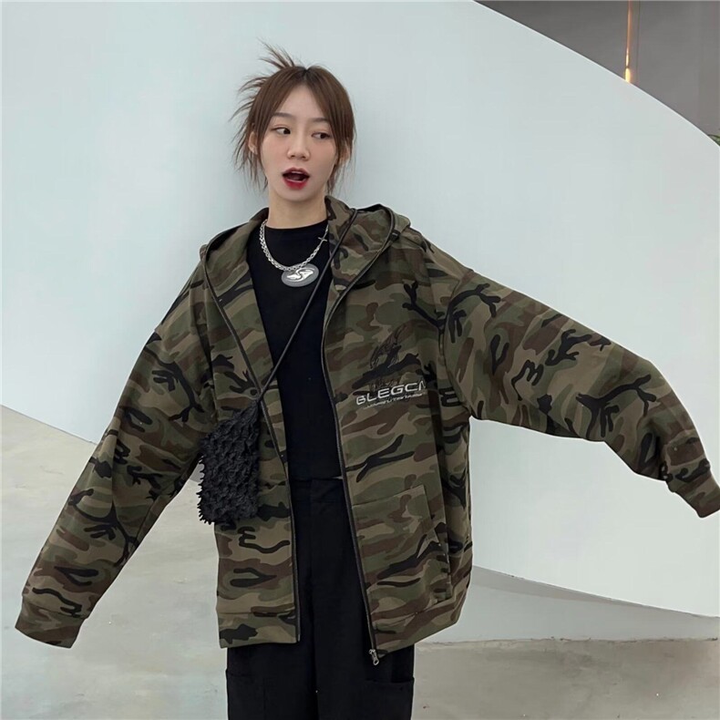 2025春秋女装美式高街连帽卫衣外套女宽松百搭迷彩上衣潮牌图片