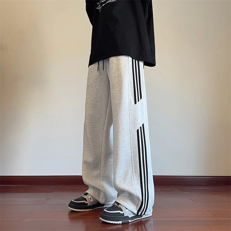抖音得物高品质26春装新重磅加绒潮流运动三条杠宽松直筒休闲卫裤图片