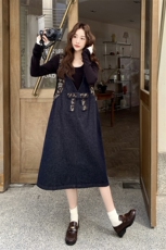 韩版时尚甜酷风拼接连衣裙女2025年秋季新款时尚蝴蝶结设计长裙，女装连衣裙，2B219