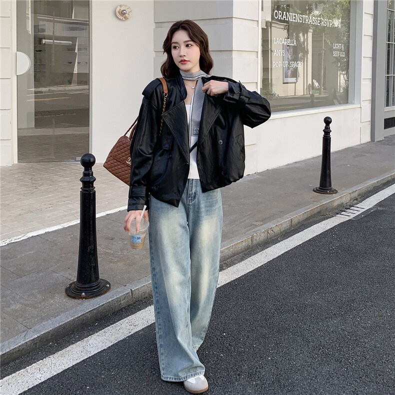 甜酷风黑色皮衣短外套女春秋2025新款爆款高级感PU夹克松弛感减龄,女装皮衣,2C057