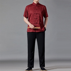 风高品质山水画提花唐装男装夏季透气中式汉服爸爸套装，男装休闲套装，钱塘6003（原4033）