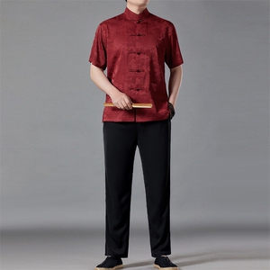 风高品质山水画提花唐装男装夏季透气中式汉服爸爸套装图片