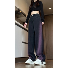 现货黑紫色拼接宽松阔腿直筒撞色休闲牛仔裤男女K5820-P50控78，男装牛仔裤，星座205