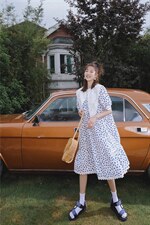 蕾丝领波点连衣裙，女装连衣裙，喜午