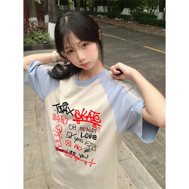 抖音得物品质二开240克宽松纯棉美式潮牌插肩三杠织带短袖T恤,男装T恤,电商A486
