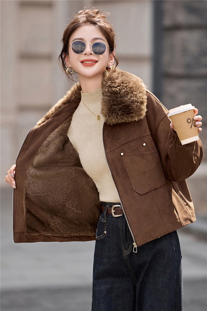 复古咖色麂皮绒加绒外套女2025秋冬小个子超好看加厚保暖棉服上衣,女装短外套,英标秀（1C119）