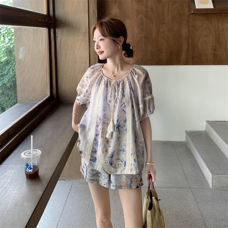 法式浪漫印花套装女2025夏季新款小个子超好看休闲阔腿短裤两件套,女装套装/套裙,2D044