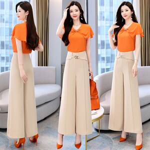 2023年夏季时尚潮流荷叶边拼接上衣+休闲阔腿裤两件套，女装套装/套裙，时尚俏佳人