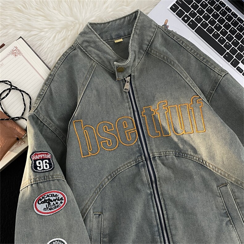 美式复古做旧徽章刺绣牛仔外套男潮牌宽松街头工装夹克8899-p70,男装夹克,星座1008