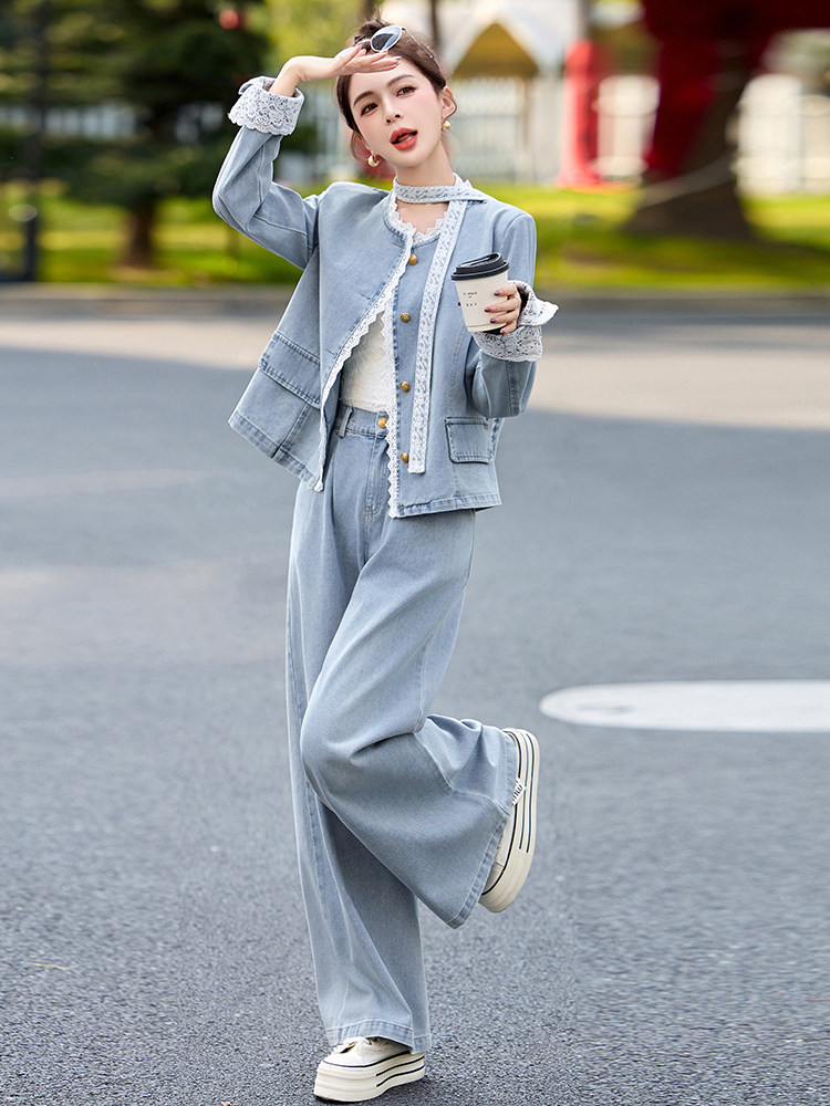 蕾丝拼接牛仔阔腿裤套装女春秋2025新款两件套独特绝美超火高级感,女装套装/套裙,2B115