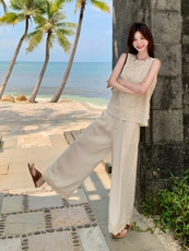 2025夏季新款法式蕾丝绣花小衫高腰直筒阔腿裤天丝棉麻两件套装女，女装套装/套裙，韩蜜菓