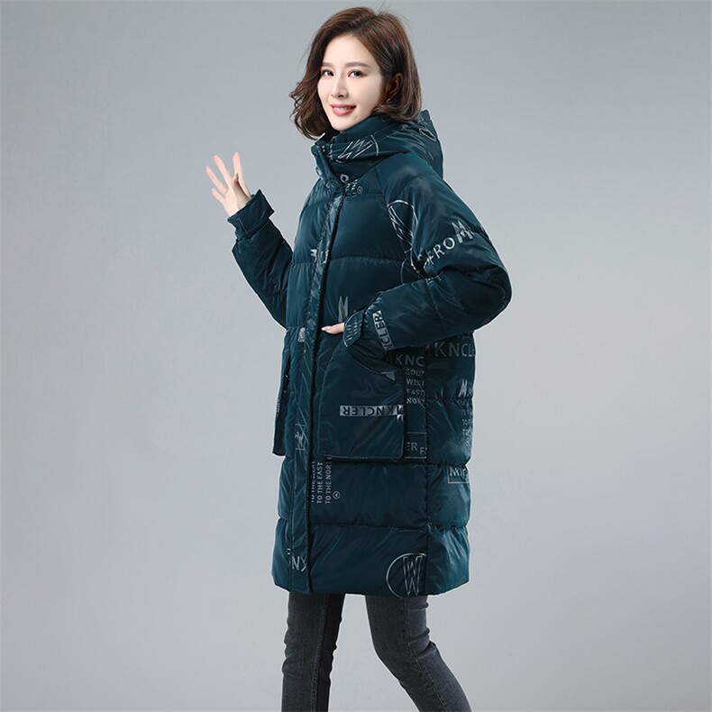 亮面棉袄外套印花棉服女中长款2021年冬装新款中年妈妈装加厚棉衣,女装棉衣/棉服,伊满意