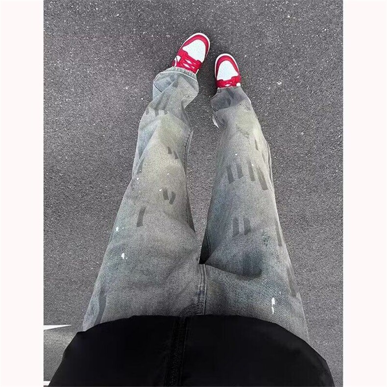 水洗脏染泼墨设计直筒牛仔裤男春秋季美式高街vibe修身显瘦微喇裤图片