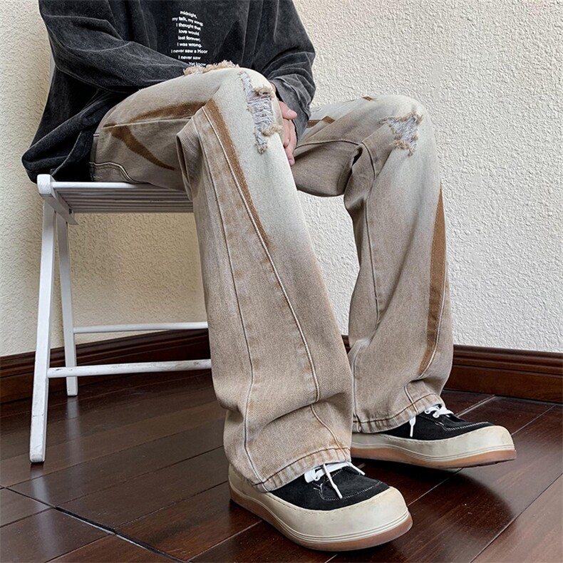 B221美式ins高街小众男女个性款微喇破洞牛仔裤LK23001-P65控88,男装牛仔裤,电商B221