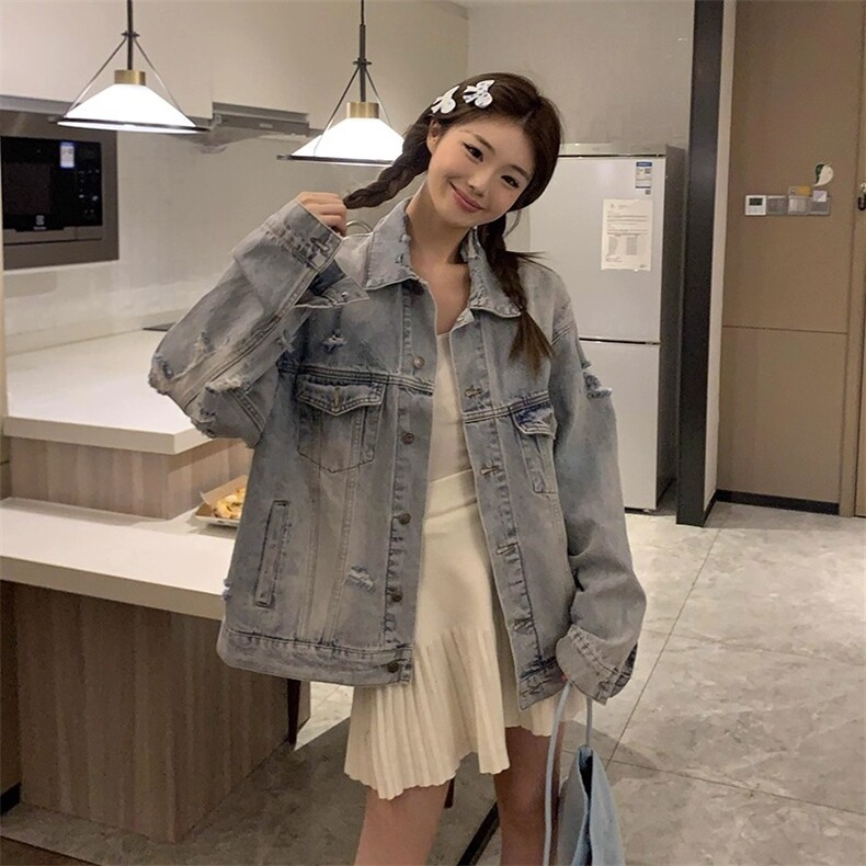 复古水洗美式休闲破洞牛仔做旧翻领夹克男女宽松百搭情侣牛仔外套,男装工装外套,星座506A