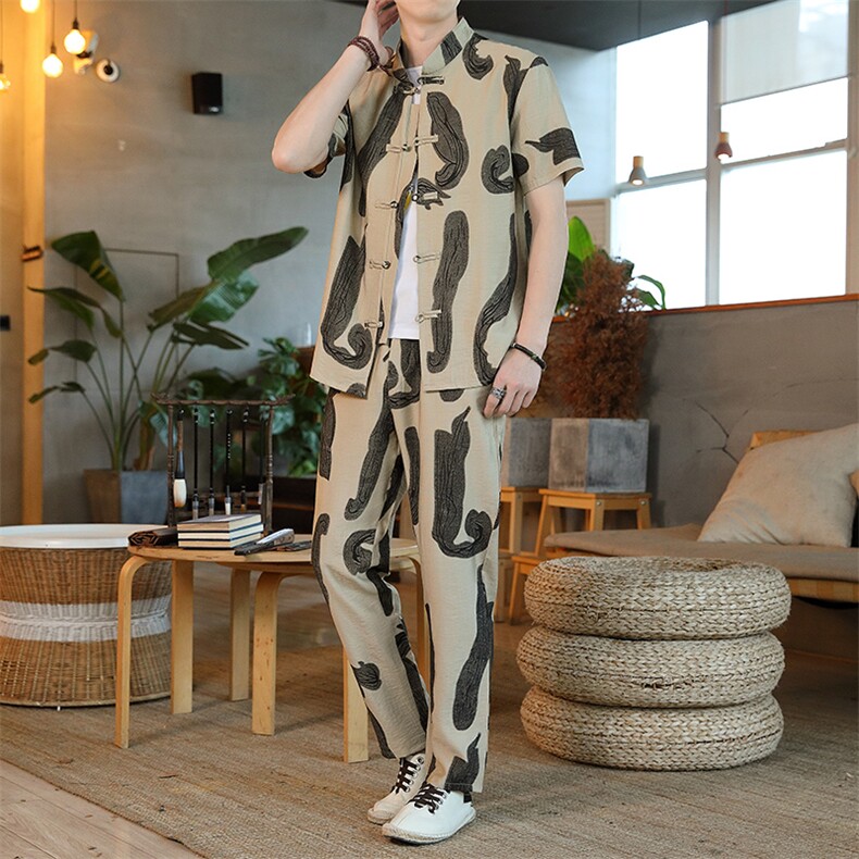 男士夏季风汉服棉麻透气舒适复古开衫唐装两件套HO6929-P65,男装民族服装,星座1105-3