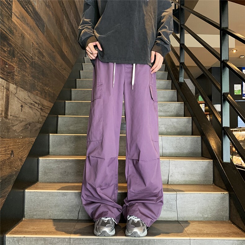 降落伞工装裤男秋冬款潮牌美式男生抽绳阔腿直筒裤子图片