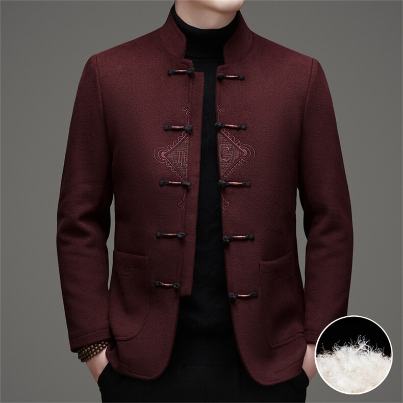 风羊毛呢羽绒服唐装男中式盘扣可脱卸羽绒内胆外套MJ597-P225，男装羽绒服，星座1105-3