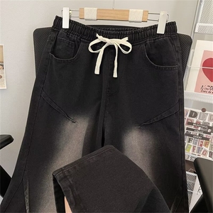 拼接牛仔裤男秋冬款阔腿垂感宽松直筒裤子小众设计感高级美式高街图片