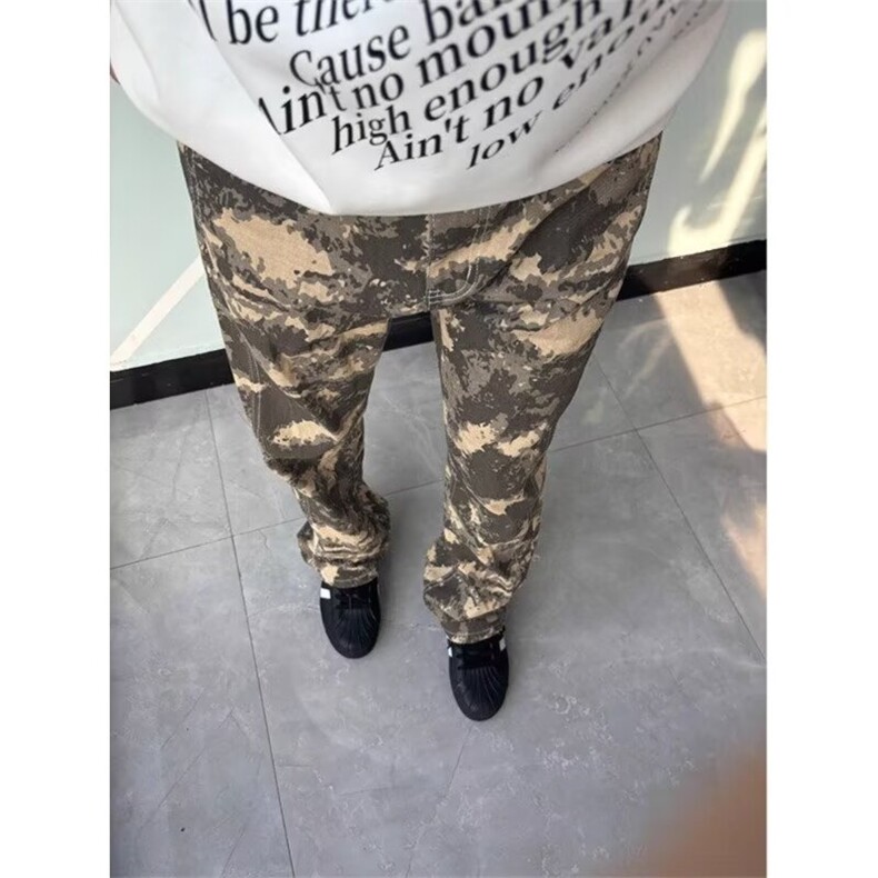 美式vibe风迷彩裤子男夏季潮牌欧美高街直筒伐木裤休闲微喇工装裤,男装牛仔裤,星座603-2