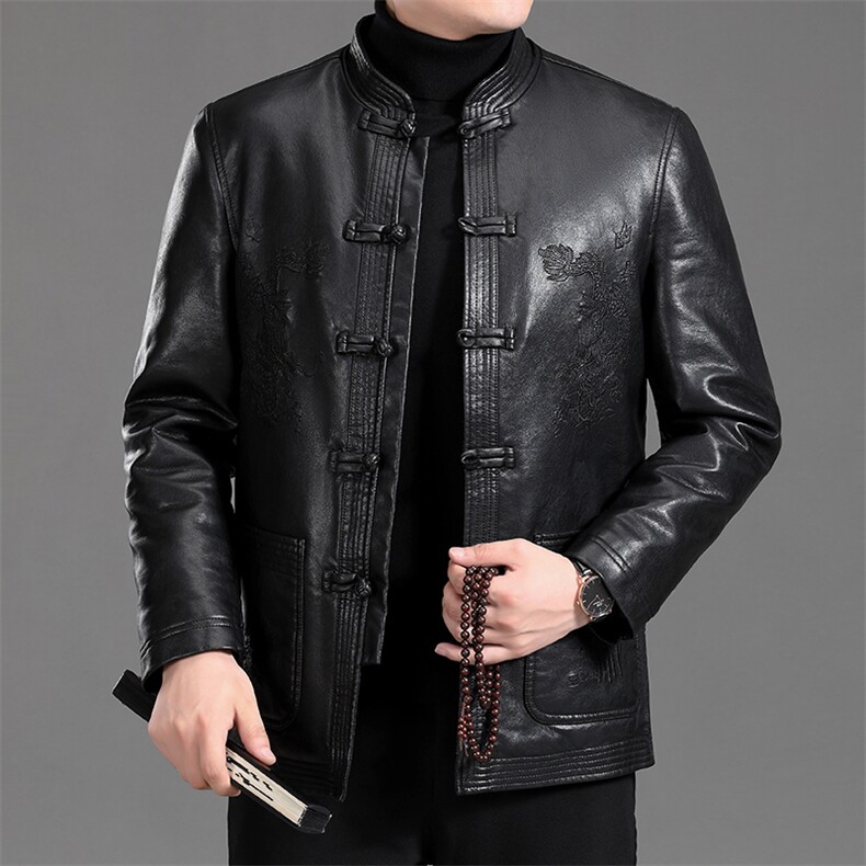 MJ7002冬季男士休闲立领皮夹克中老年爸爸装唐装PU皮加绒外套P126,男装羽绒服,电商B360