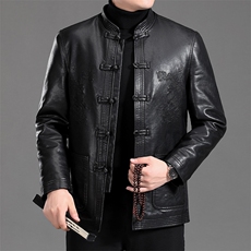 MJ7002冬季男士休闲立领皮夹克中老年爸爸装唐装PU皮加绒外套P126，男装羽绒服，电商B360