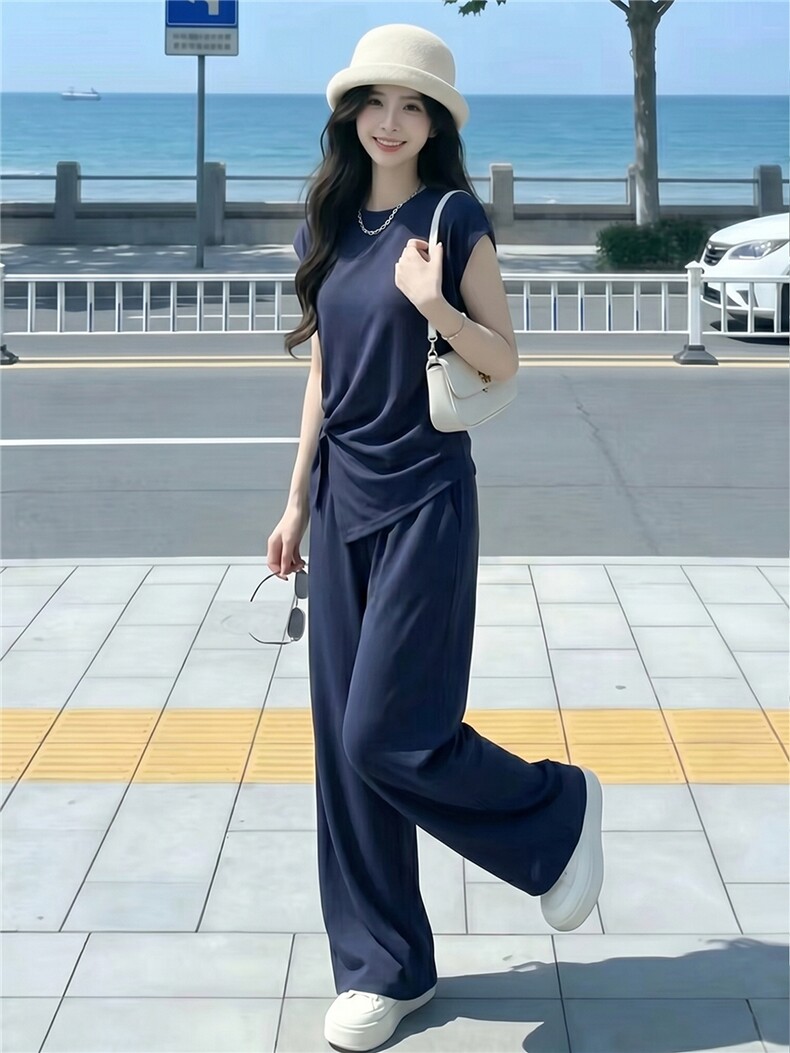 设计感时尚气质套装女夏季款圆领褶皱开叉短袖上衣阔腿长裤两件套,女装套装/套裙,江南
